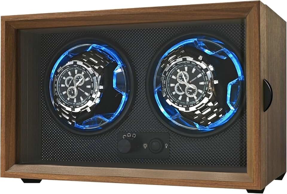 Isili Doppel Uhrenbeweger für Automatikuhren, Dual Uhrenbeweger Box für Uhrenliebhaber, mit leisem Motor 4-Rotationsmodus Einstellung, blaues Licht, elastische Uhrenkissen, Geschenk für Mann