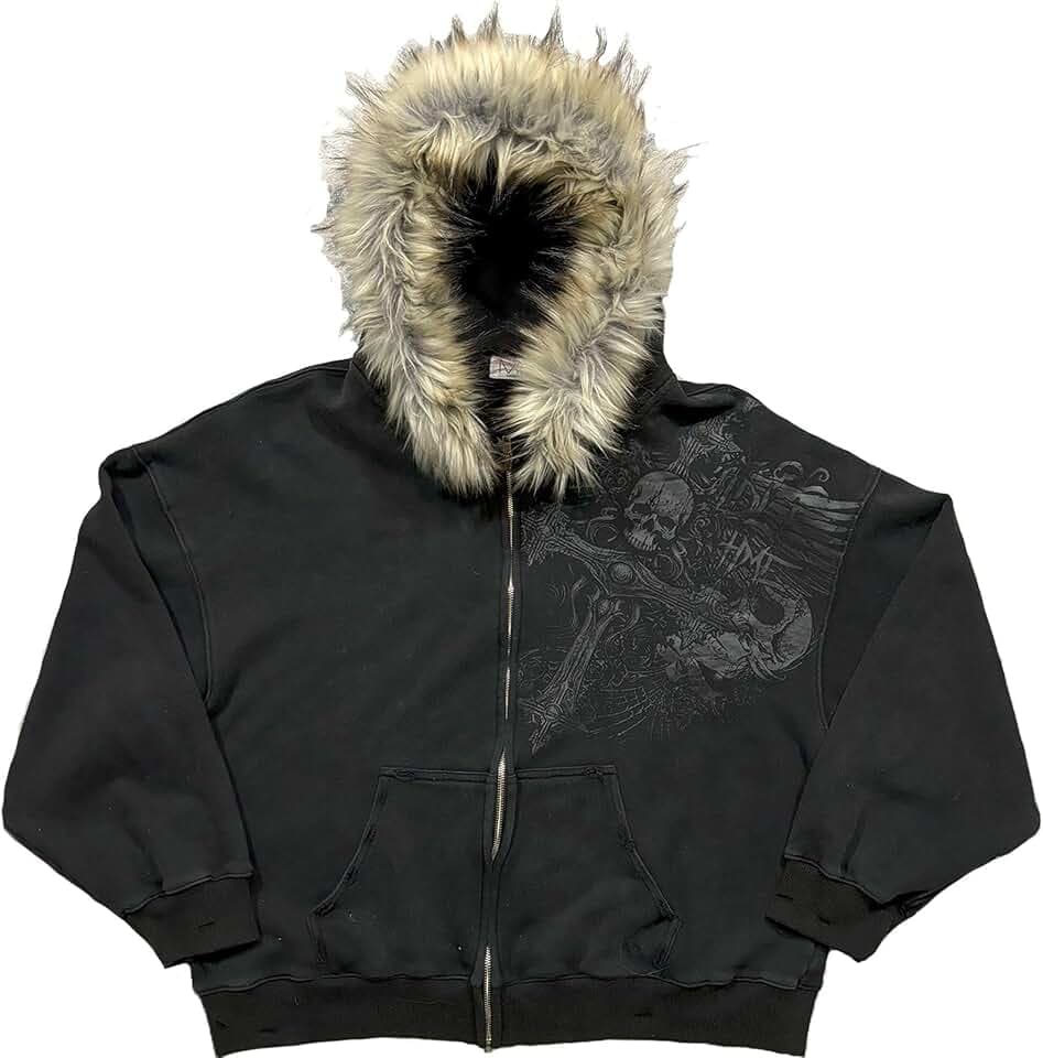 heyheyshine Men's Zip Up Hoodie Fur Hooded Jacket Y2k Emo Grunge 2000s Clothes Grunge Hoodie Warm Winter Coat for Men