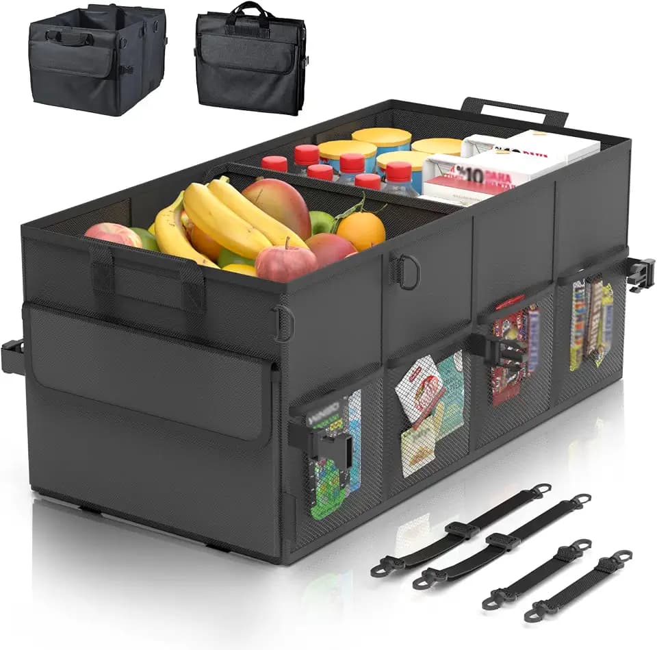 Car Trunk Organizer SUV Collapsible Car Caddy Truck Storage Heavy Duty Oxford Car Grocery Organizer for Cargo Van Jeep Sedan with 2 Large Compartments, 6 Pockets, 4 Adjustable Straps, 2 Handles 60L