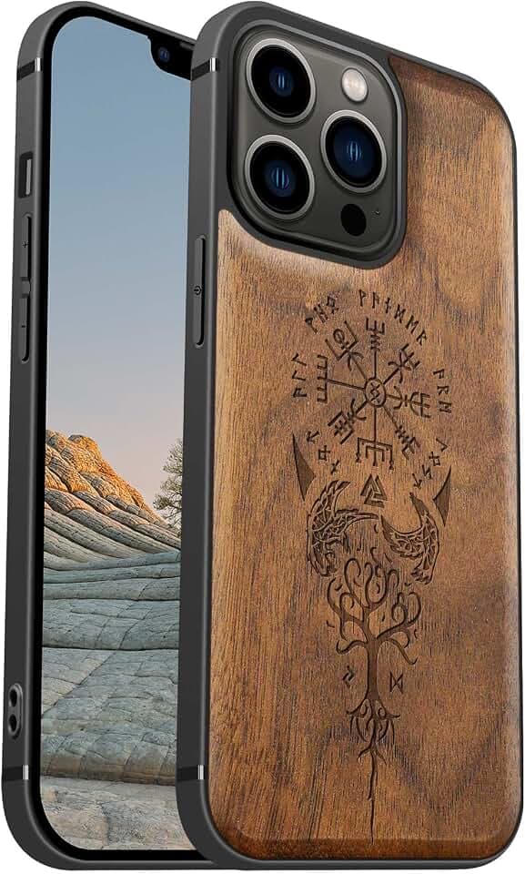 Carveit Magnetisch Hülle für iPhone 13 Pro Case [Elegante Walnuss] [Weich TPU Stoßstange] Stoßfeste Handyhülle Kompatibel mit 13Pro Magsafe Hülle Holz （Wikingerkompass Vegvisir）