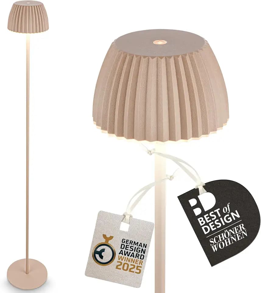 BRILONER - Riffle LED Stehlampe kabellos IP44 mit Touch, dimmbar, Memoryfunktion, Akku tauschbar, Akku Stehleuchte, Leselampe, Wohnzimmerlampe, German Design Award Winner 2025, 19x124 cm, Beige