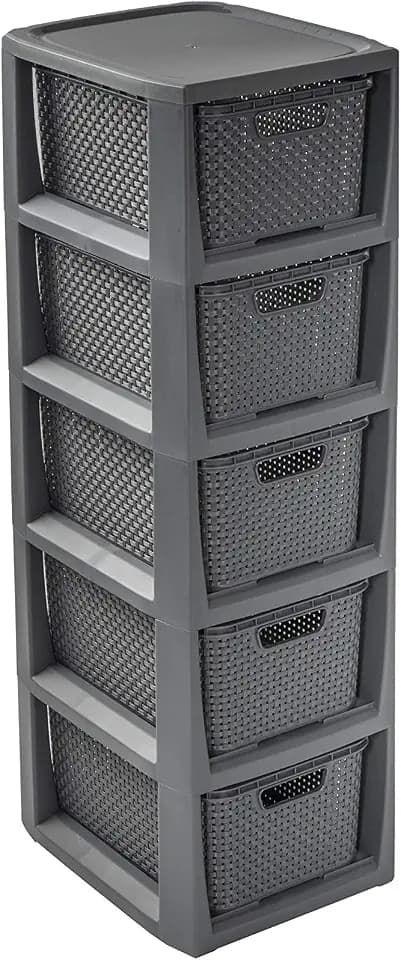 BranQ - Home essential Regal in Rattan Design, Kunststoff PP, Anthrazit, 29,5 x 24 x 80 cm, 5 Körben