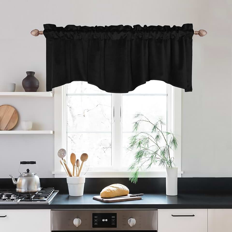 JIUZHEN Black Velvet Scalloped Small Window Valance Curtains, 1 Panel