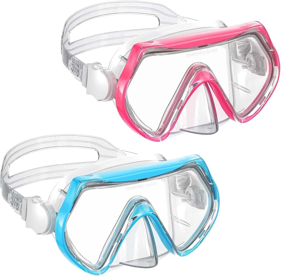 Schwimmbrille für Kinder, Schnorchel- und Tauchmaske mit Nasenabdeckung für Kinder von 6 bis 14 Jahren, aus gehärtetem Glas, 180°-Panorama-Sichtfeld, beschlagfrei, 2er-Pack
