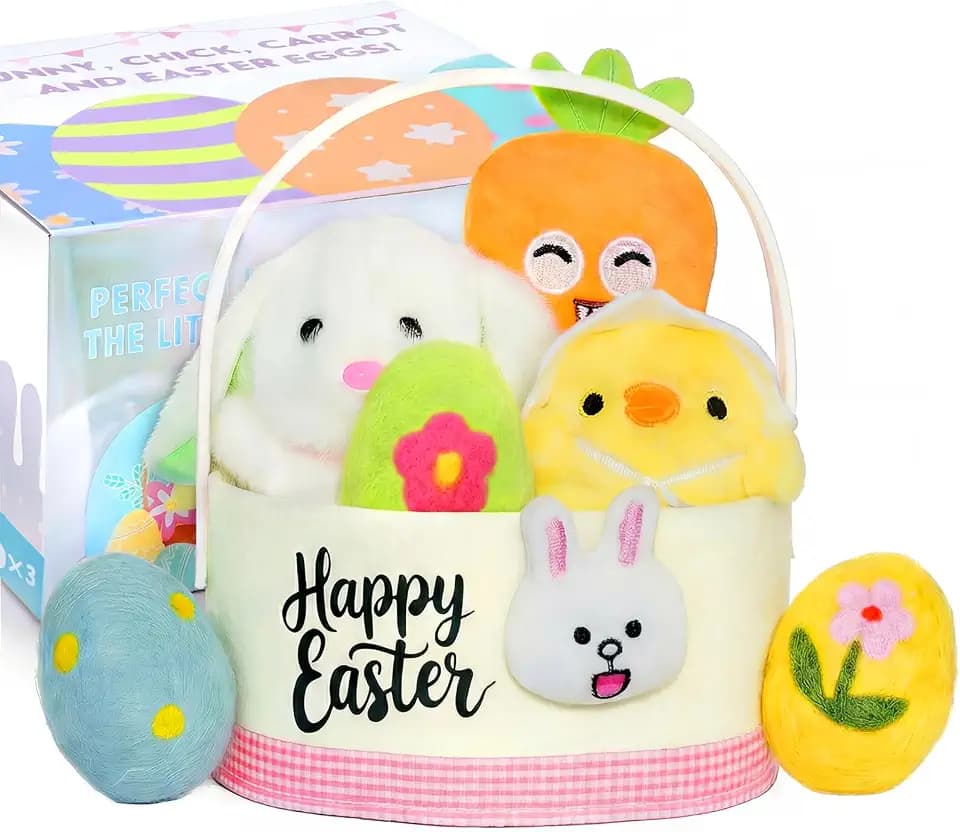 My First Easter Basket for Baby with Prefilled Plush Bunny Chick Carrot Eggs 7 Pcs Stuffed Easter Basket for Girl Boys Infant Kids Easter Party Supplies Favor Set
