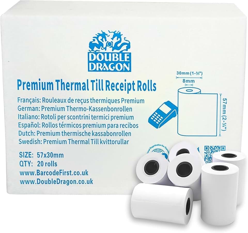 Double Dragon 57 x 30 mm Thermo-Papierrollen für PDQ Belegdrucker | BPA-frei | Kompatibel mit SumUp, Ingenico, PayZone, Verifone, Clover Printers, Zettle Terminals – 20 Rollen