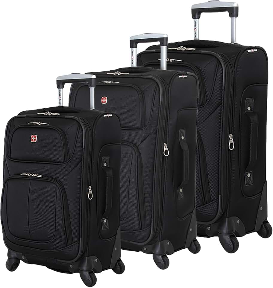 SwissGear Sion Softside Expandable Spinner Luggage Durable Lightweight Travel Suitcase, Black, 3-Piece Set (Carry-On/Medium/Large)