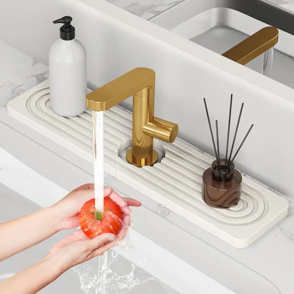 15.8'' Stone Faucet Mat for Kitchen Sink [Super Absorbent, 30s Quick Drying] Water Absorbing Stone Tray for Sink Stone Mat for Kitchen Sink Stone Quick Dry Around Faucet Diatomite Stone Sink Tray