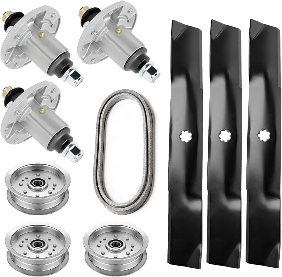 54 inch Mower Deck Rebuild Kit, OEM Replacement Compatible with G110, D170, LA150, LA175, 190C Lawn Tractors; Includes 3 Spindle GY20454, 3 Blade GX21380, 3 Idler Pulley GY22082, 1 Belt GX21395
