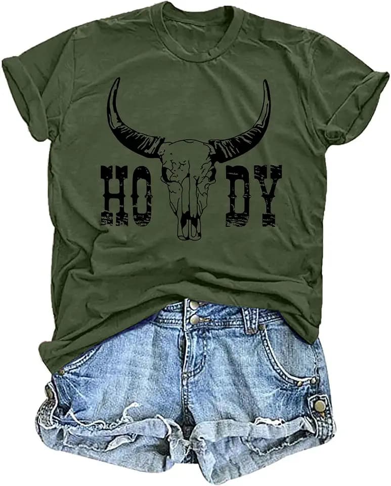 tiorhooe Cowgirl-T-Shirts für Damen, Motiv: Bullenschädel, lässig, kurzärmelig