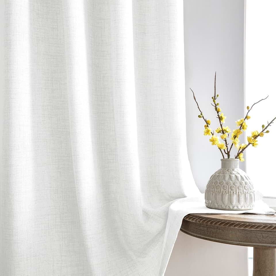 Melodieux Verdunklungsvorhänge 2er Set, 245x140cm - Gardinen mit Kräuselband Weiss Leinen Optik Halbfrei Leinenvorhang, Raumverdunkelung übergardinen für Wohnzimmer, Fenster, Französische Tür, Patio