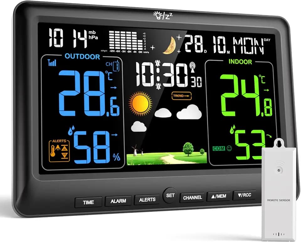 LIORQUE Wetterstation Funk mit 1 Außensensor Digital Thermometer Hygrometer | Innen- und Außentemperatur, Luftfeuchtigkeit, DCF-Funkuhr, Mondphase, für Zuhause, Büro und Garten