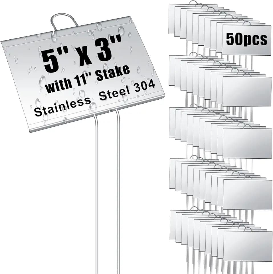 Landhoow 50 Pcs Large Plant Marker, 5'' X 3'' with 11'' Stake, Silver