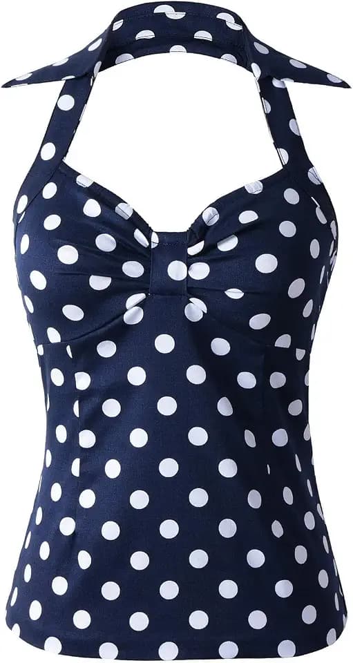 50s Pinup Rockabilly Polka Dots Halter Top with Collar Sweetheart Neckline Vintage Retro Style