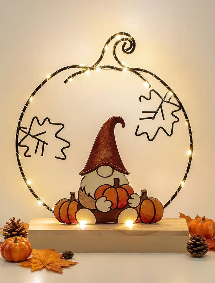 NUPTIO Herbstdeko Innen LED Kürbis: Wichtel Herbst Deko mit Timer Holz