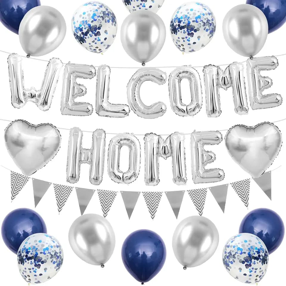 Navy Blue Silver Welcome Home Decorations with Welcome Home Balloon Banner