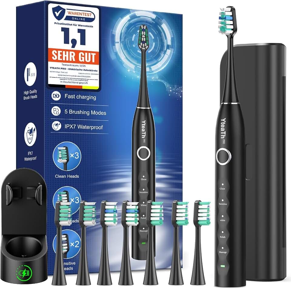 YTEATH PRO Elektrische Zahnbürste, Schallzahnbürste für Erwachsene und Kinder Electric Toothbrush mit 8 Bürstenköpfen und Timer, 5 Putzmodi, Reiseetui, 120 Tagen Akkulaufzeit, 50,000vpm, Black