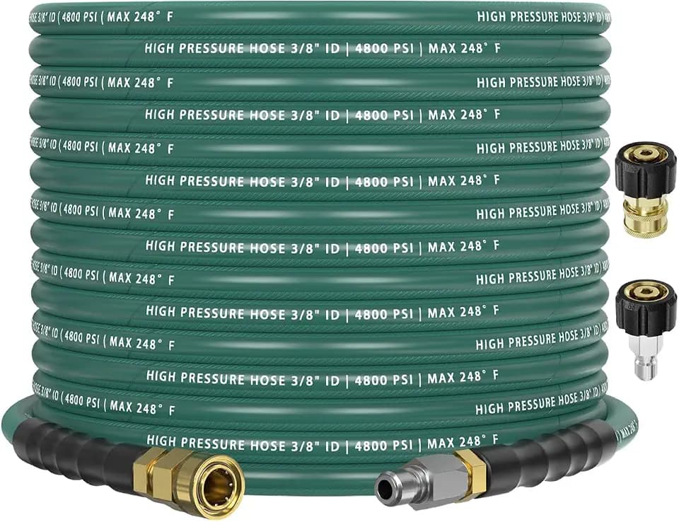 3/8" 4800PSI Pressure Washer Hose 50FT with 360° Swivel Quick Connect, Flexible Kink Resistant Steel Wire Braided & Durable Rubber for Hot/Cold Water, Power Washer Hose With M22 14mm Adapter