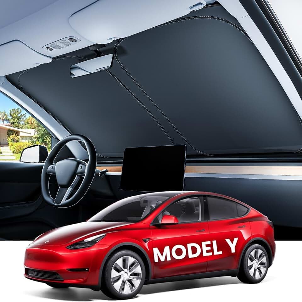 REEVAA 2026 3rd Pro Windshield Sunshade for Tesla Model Y/3 2024-2019 | Dual-Layer Heat & Sun Defense, OEM Design | Foldable Sun Shade Car Accessories with Storage Bag