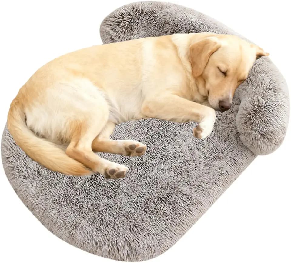 Orthopedic Dog Bed with Egg-Crate Base, Calming Dog Beds Fluffy Plush Faux Fur with Raised Edges, Spine Friendly Pet Sleeping Mat for Medium Large Dogs, Easy Wash (Oval, Marble Grey 32"x24")