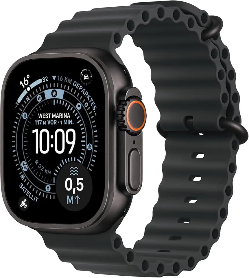 Apple Watch Ultra 3 GPS + Cellular 49 mm Premium Smartwatch für Lauftraining und Kombinationssport mit robustem Titangehäuse in Schwarz und Ocean Armband in Schwarz