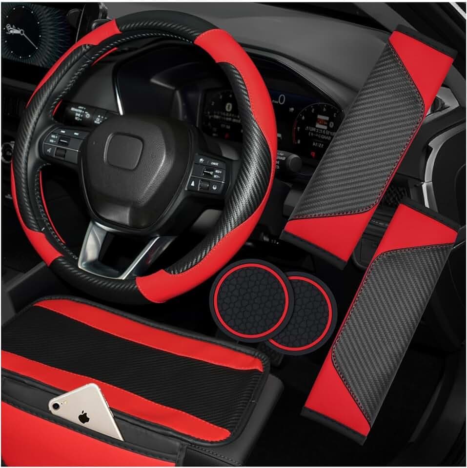 Hiseanllo 6PCS Red Car Accessories Set, Carbon Fiber Microfiber Leather Steering Wheel Cover 14.5-15", Center Console Armrest Cover, Seat Belt Pads & Cup Holder Coasters, Universal Interior Decor
