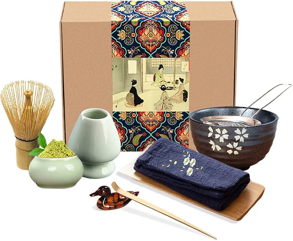 Artcome Japanisches Matcha Teeservice Schneebesen Set, Traditionelle Bambusschaufel, Matcha Schüssel, Keramik Schneebesenhalter, Matcha Caddy, Geschenkbox für Japanische Teezeremonie (9 Stück)
