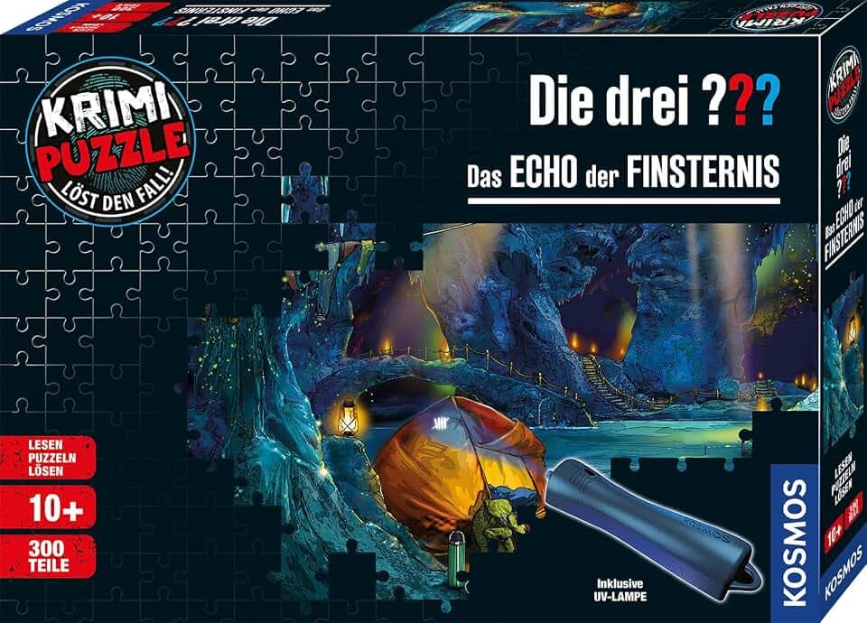 KOSMOS Die drei ??? - Krimi Puzzle - Das Echo der Finsternis, 300 Teile | Leuchtet im UV-Licht, mit UV-Lampe, Lesen, Puzzeln, Rätsel lösen, Detektiv Puzzle ab 10 Jahre