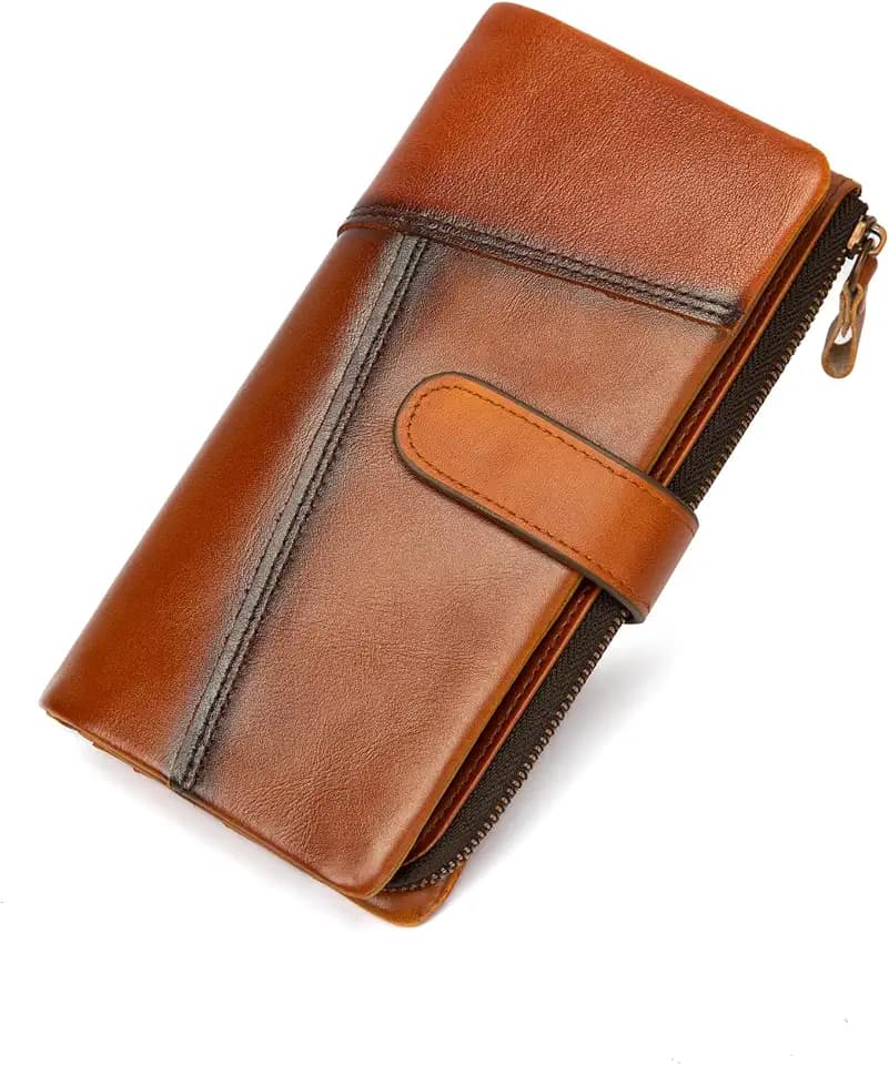 KingTo Genuine Leather RFID Long Wallet for Women, Checkbook Card Holder