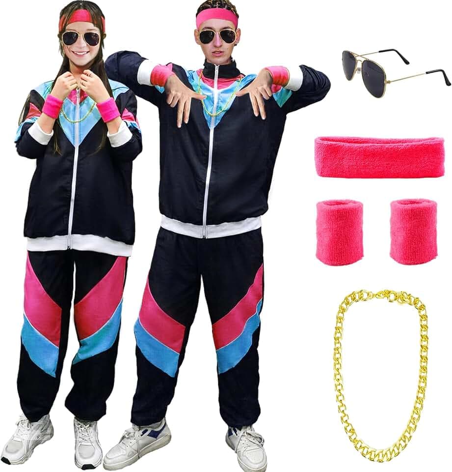 90er 80er Jahre Kostüm Erwachsene, Retro Trainingsanzug für Männer Frauen, Retro Jogginganzug mit Stirnband Armbänder Brille, 80er 90er Kostuem Anzug Paare Bad Taste Outfit für Karneval
