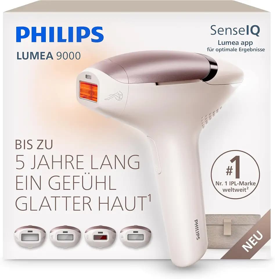 Philips Lumea 9000 IPL-Haarentfernungsgerät - Bis zu 5 Jahre lang ein Gefühl glatter Haut¹, Anwendung zu Hause, 4 Aufsätze: Körper, Gesicht, Bikinizone, Achseln, BRI981/00