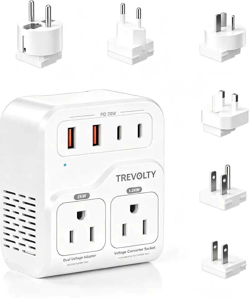 2000W European Travel Plug Adapter with 3 AC & 4 USB Ports, Power Adapter Combo with Type A B C E/F G I