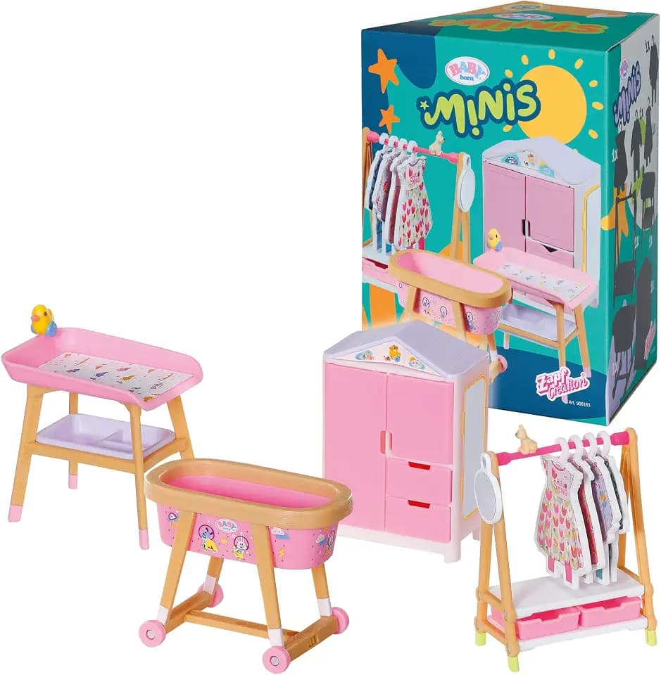 BABY born Minis Playset Möbelset mit Kleiderschrank, Kleiderstange, Stubenwagen und Wickeltisch, 906163 Zapf Creation