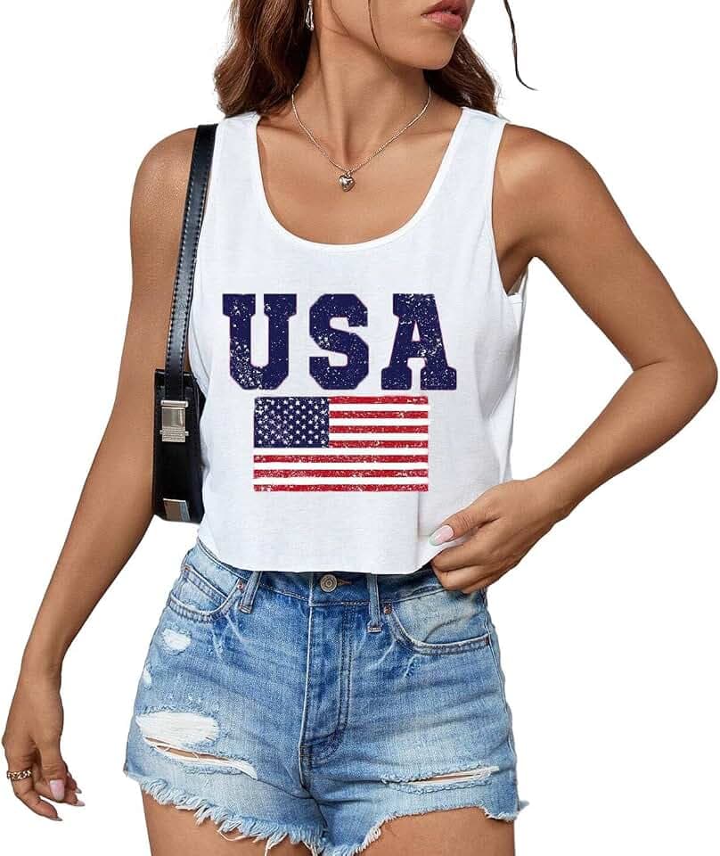 4th of July Crop Tops for Women Funny American Flag Shirts Tank Top Outfits