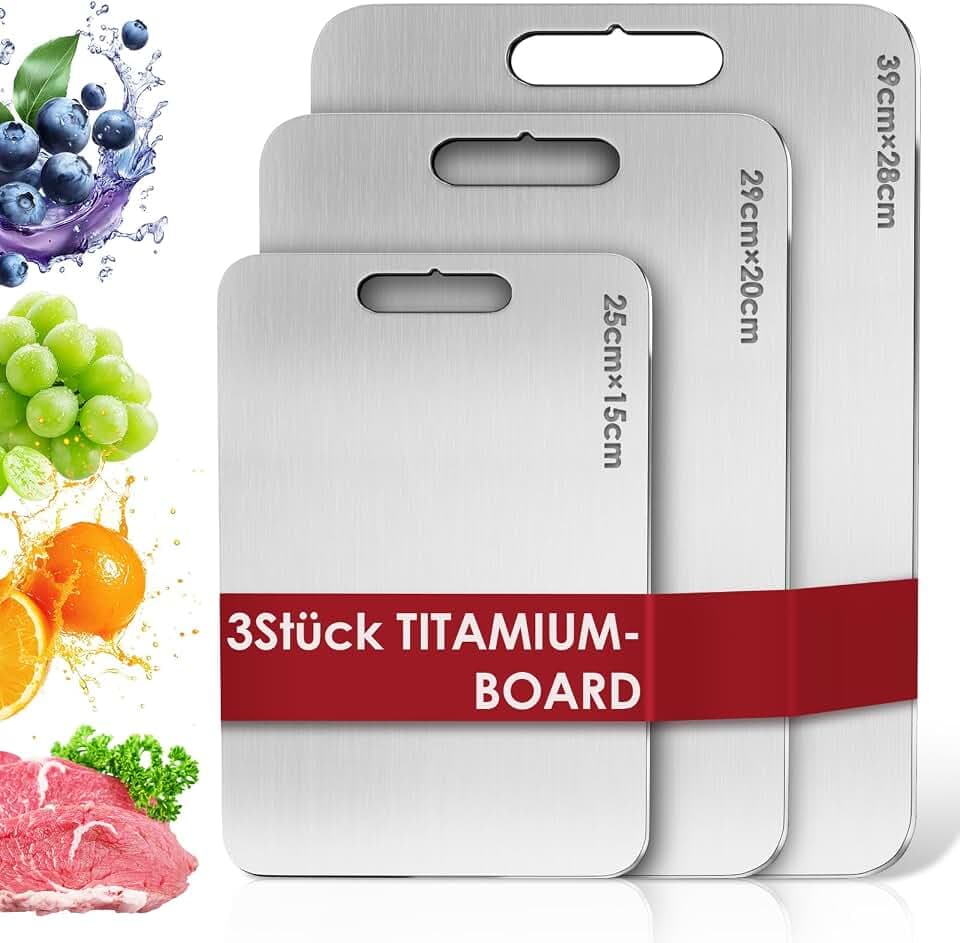 3 Stücke Titan Schneidebrett, S316 Schneidebrett Edelstahl, BPA-freies Doppelseitiges Lebensmittel Titanium Cutting Board, ideal für Fleisch, Brot, Gemüse & Obst