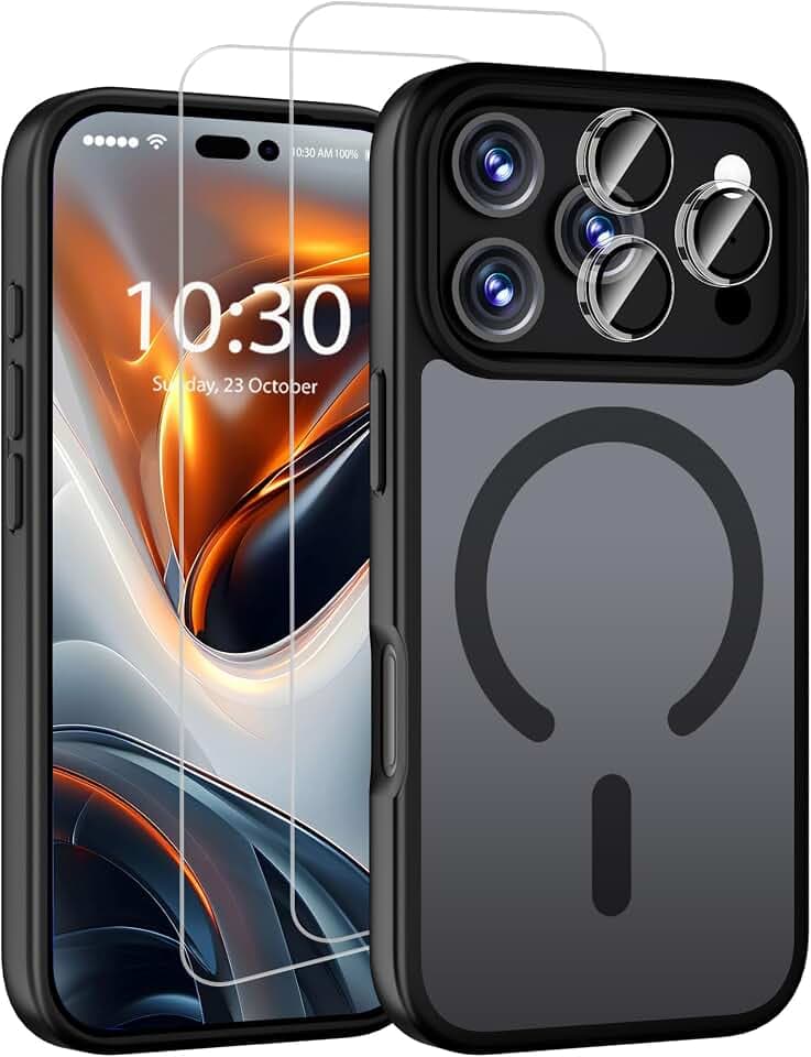 QHOHQ Hülle für iPhone 17 Pro mit 2 Stück Panzer Glas + 1 Set Kameraschutz, Kompatibel mit MagSafe, Militärstandard Schutz Magnetisch Handyhülle, Transluzente Matt Rückseite Schutzhülle Case, Schwarz