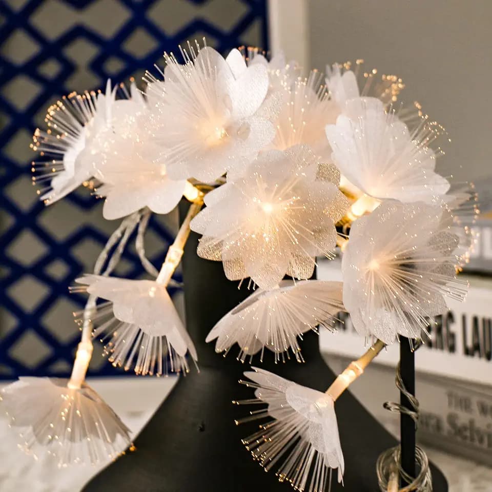 Fiber Optic Flower String Light, 14ft 20 Led Flower Light Waterproof, Battery Powered, for Bedroom, Christmas Tree, Garland, Wedding Party, New Year, Garden Romantic Decor Warmwhite