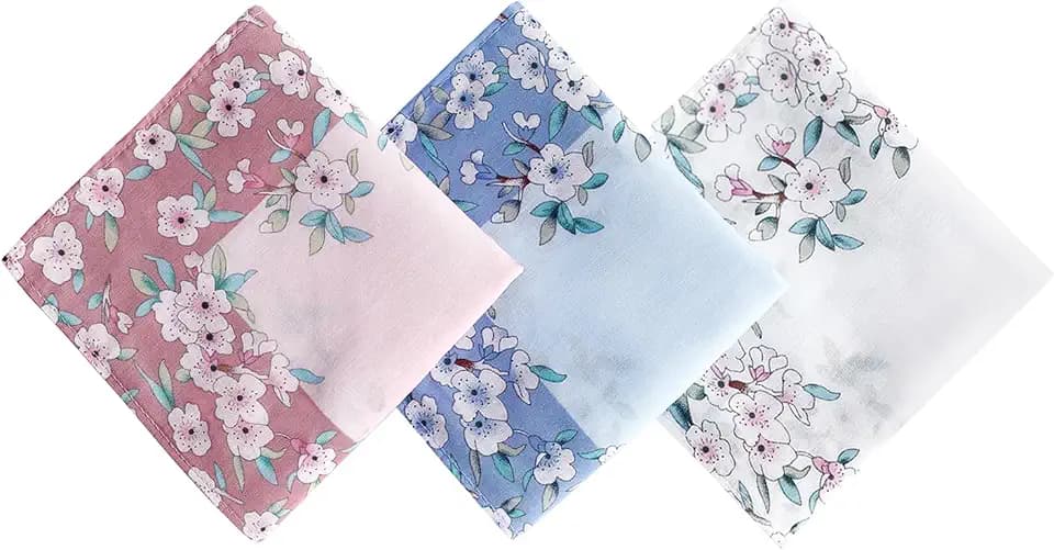 HOULIFE Ladies 100% Cotton Handkerchiefs Women's Cherry Blossom Floral Print Hankies 3/6 Pieces 43x43cm/16.93x16.93”