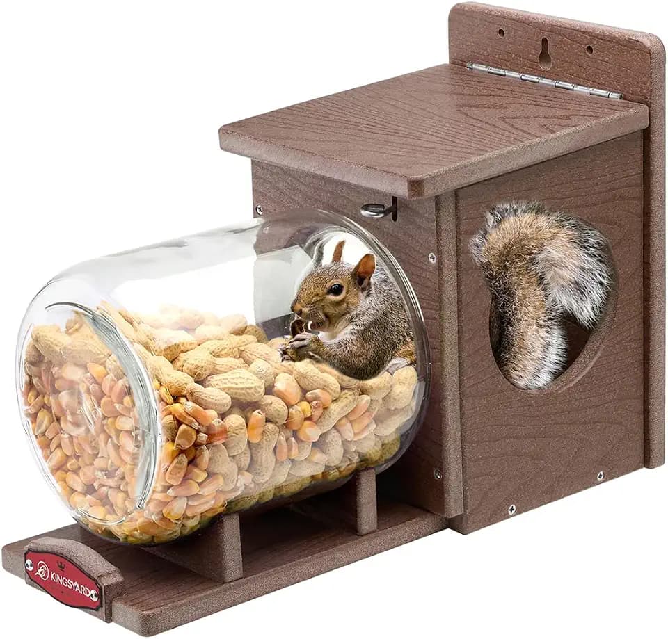 Kingsyard Recycled Plastic Squirrel Feeder for Outside, Squirrel Feeder Box with Peanuts Corn Storage Jar, Sturdy & Durable, Weatherproof (Brown)