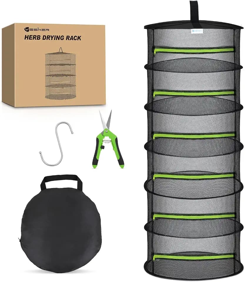 Yesker 6 Layer Herb Drying Rack Hanging Mesh Net Foldable Plant Drying Racks 24" w Green Zipper Pruning Shears Hook Dryer Hanging Rack for Herbs Seed Bud Fruit Clothes Grow Tent Closets Garden Outdoor