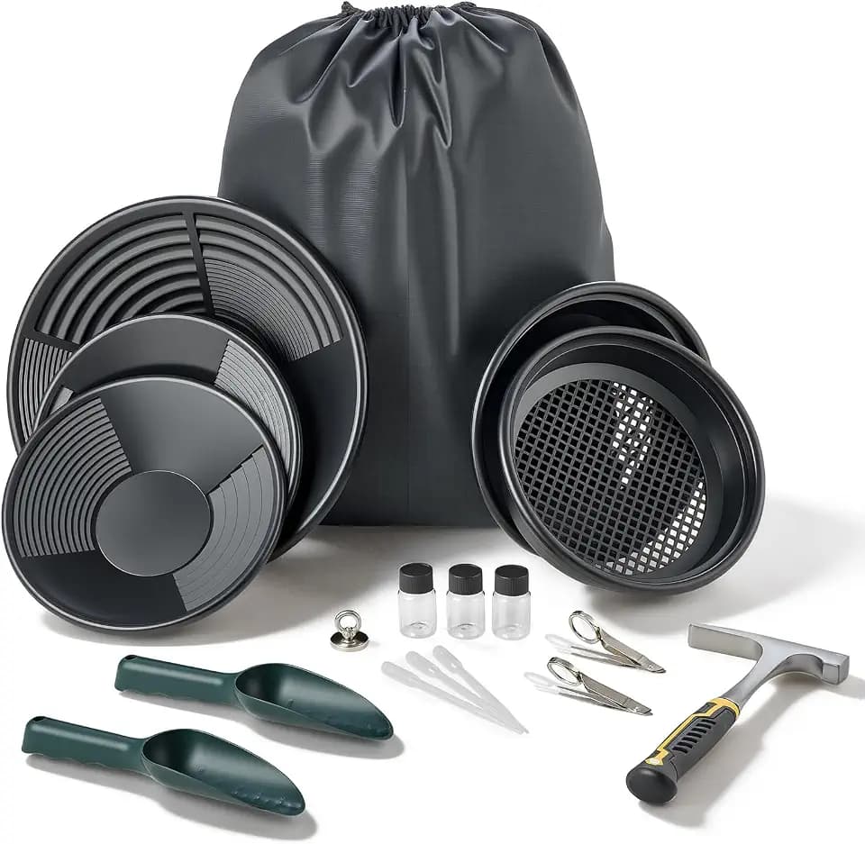 VEVOR Gold Panning Kit, 10 in and 14 in Pans, 19 PCS Portable Prospecting Equipment Kit with Classifier Sieves, Sand Magnet, Rock Pick, Scoops, Backpack, and Accessories, for Outdoor Gold Recovery