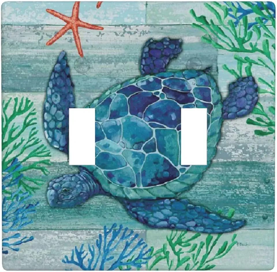 Sea Turtle Starfish Ocean Double Toggle Light Switch Plates Outlet Covers 2 Gang Decorative Electrical Wall Plate Receptacle Switchplate Decorate Plug Cover For Bathroom Kitchen 4.5 * 4.5 Inch
