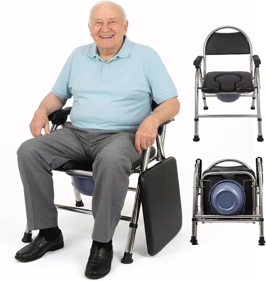Toilettenstuhl klappbar für Senioren – 2-lagiges dickes Sitzkissen, breiter Edelstahlrahmen, höhenverstellbar, bis 200 kg belastbar, fahrbarer Duschstuhl & Toilette (Schwarz)