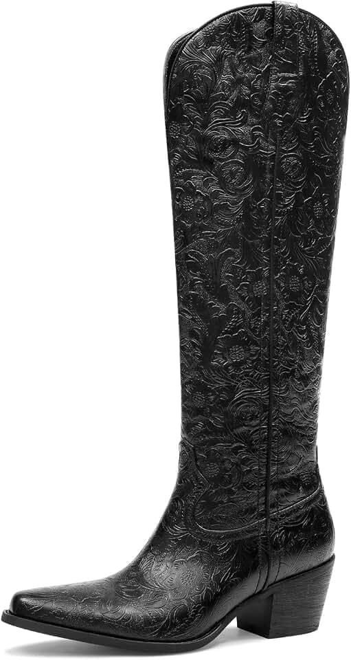 Cowboy Boots for Women Black Cowgirl Boots Embossed Knee High Western Chunky Block Heel Pointed Toe Pull On Tall Boots-Comfortable,Retro,Country,Vintage,Classic,Chic
