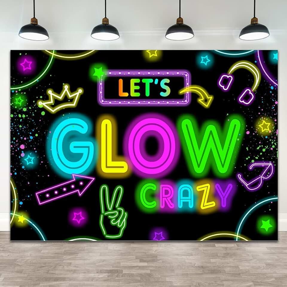 Neon Glow Party Decorations Supplies Backdrop 7x5ft Glow in The Dark Let’s Glow Banner Photography Background Birthday Sleppover Graffiti Splash Paint Black Light Kids Photo Booth
