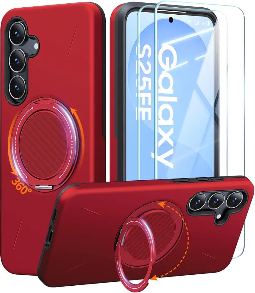 JAME for Samsung Galaxy S25 FE Case, Ring Stand, Shockproof Phone Case Red