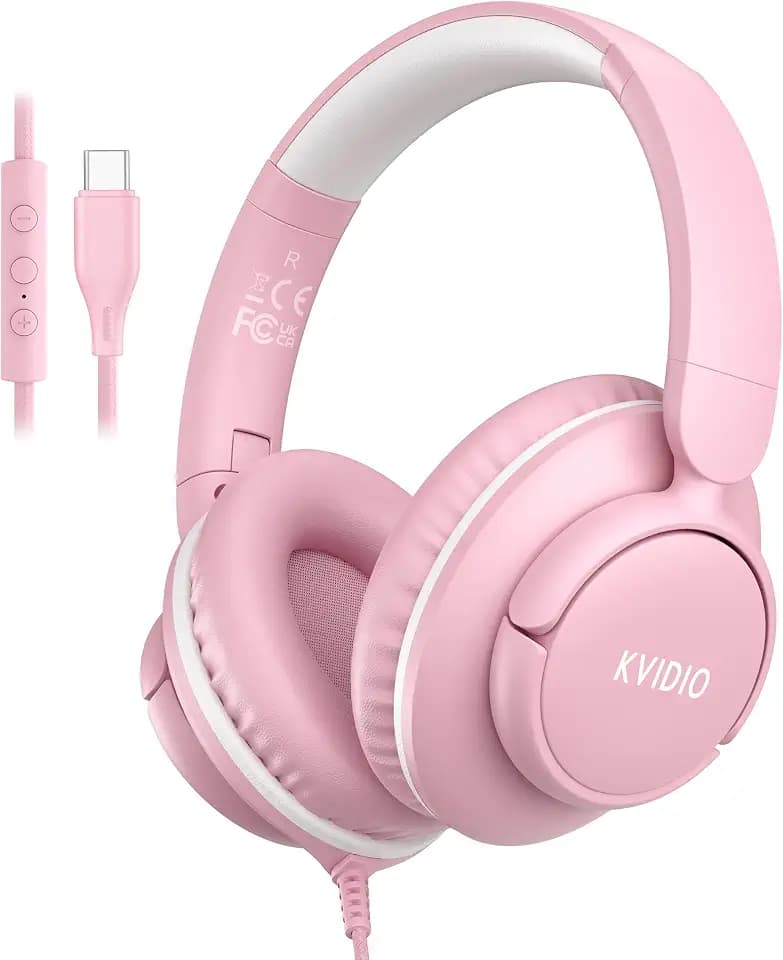 KVIDIO USB C Wired Headphones with Microphone, Over Ear for School, Pink