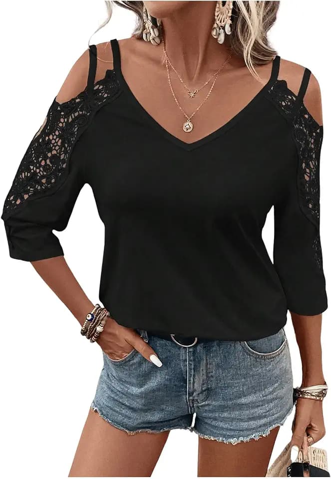 MakeMeChic Women's Lace Cold Shoulder Blouse V Neck Cut Out 3/4 Sleeve Tops
