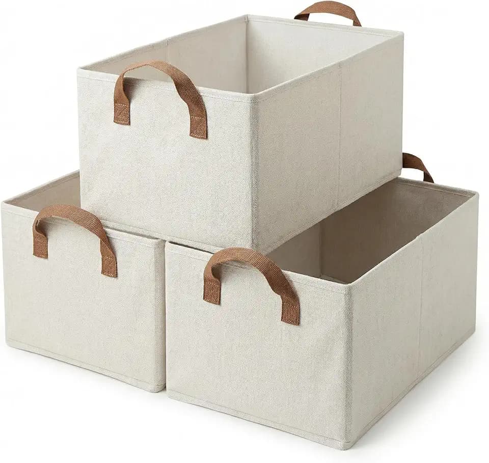 3 Pack Storage Bins Fabric Collapsible Organizers with Handles Sturdy Canvas with PP Board Beige Foldable Storage Box for Closet Shelves, Books, Toys, Clothes, Office Organization