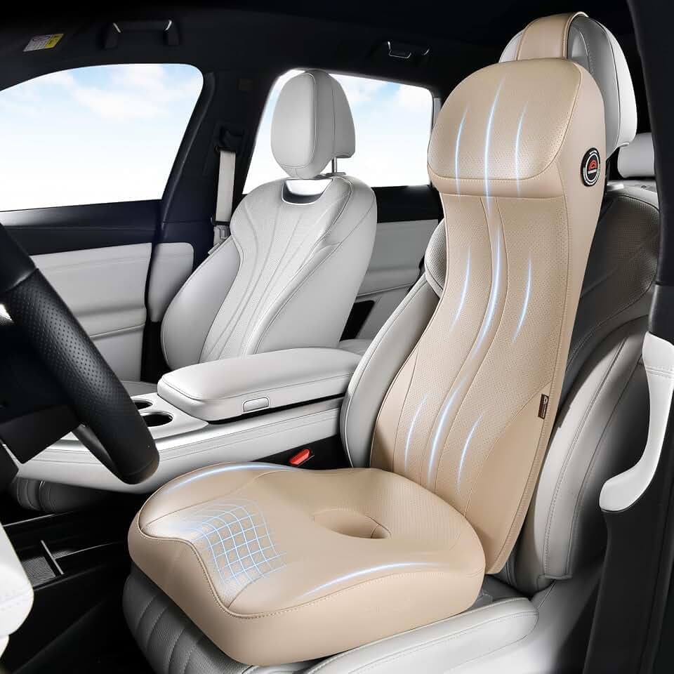 Coverado Car Seat Cushion and Integrated Neck Pillow Lumbar Support Kit, Ergonomic Lumbar Support Pillow for Car, Soft Leather Memory Foam Car Seat Cushion for Sciatica & Back Pain Relief, Beige